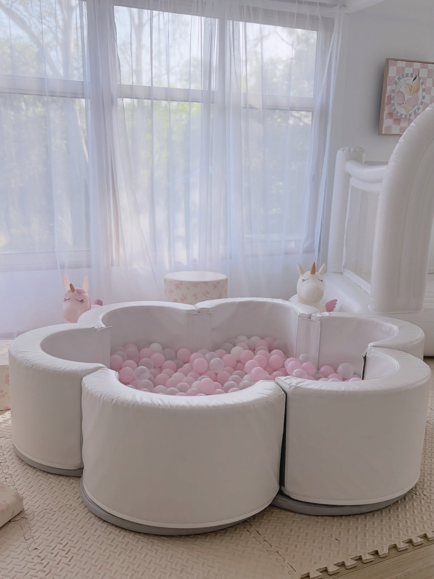 KloudKoCollective flower-shaped ball pit with soft pink balls, boutique soft play hire in Adelaide and the Barossa